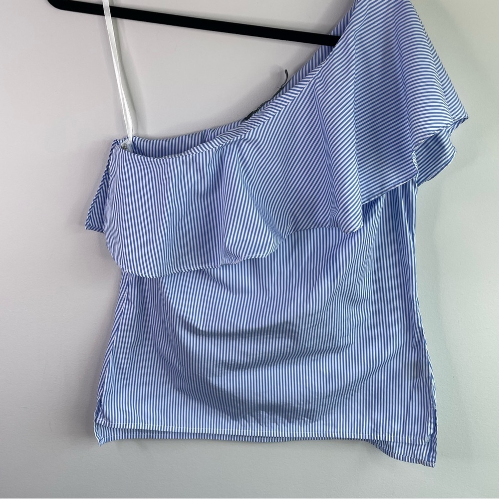 Lauren Ralph Lauren Striped One Shoulder Blouse With Ruffle Accent Size 2